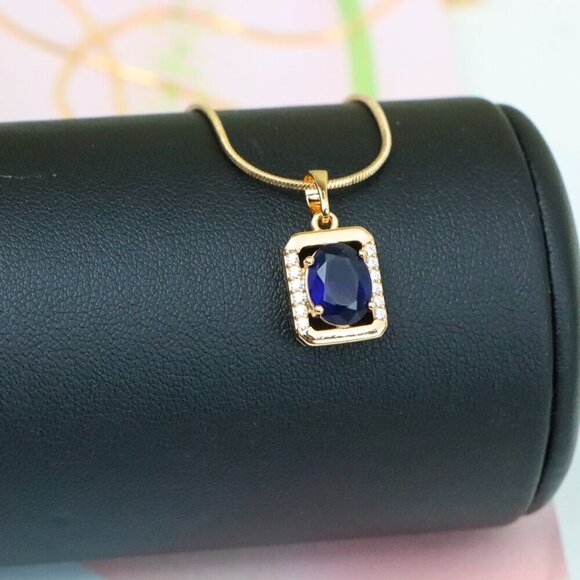 "Rose Gold Rectangle Pendant with Blue Stone and Crystal Accents, XPPT1276 - Picture 5 of 13